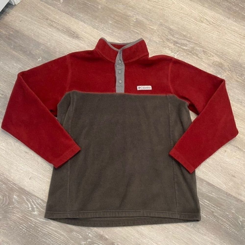 Columbia Mens Fleece Pullover Large Red Brown Colorblock Snap Neck Sweater